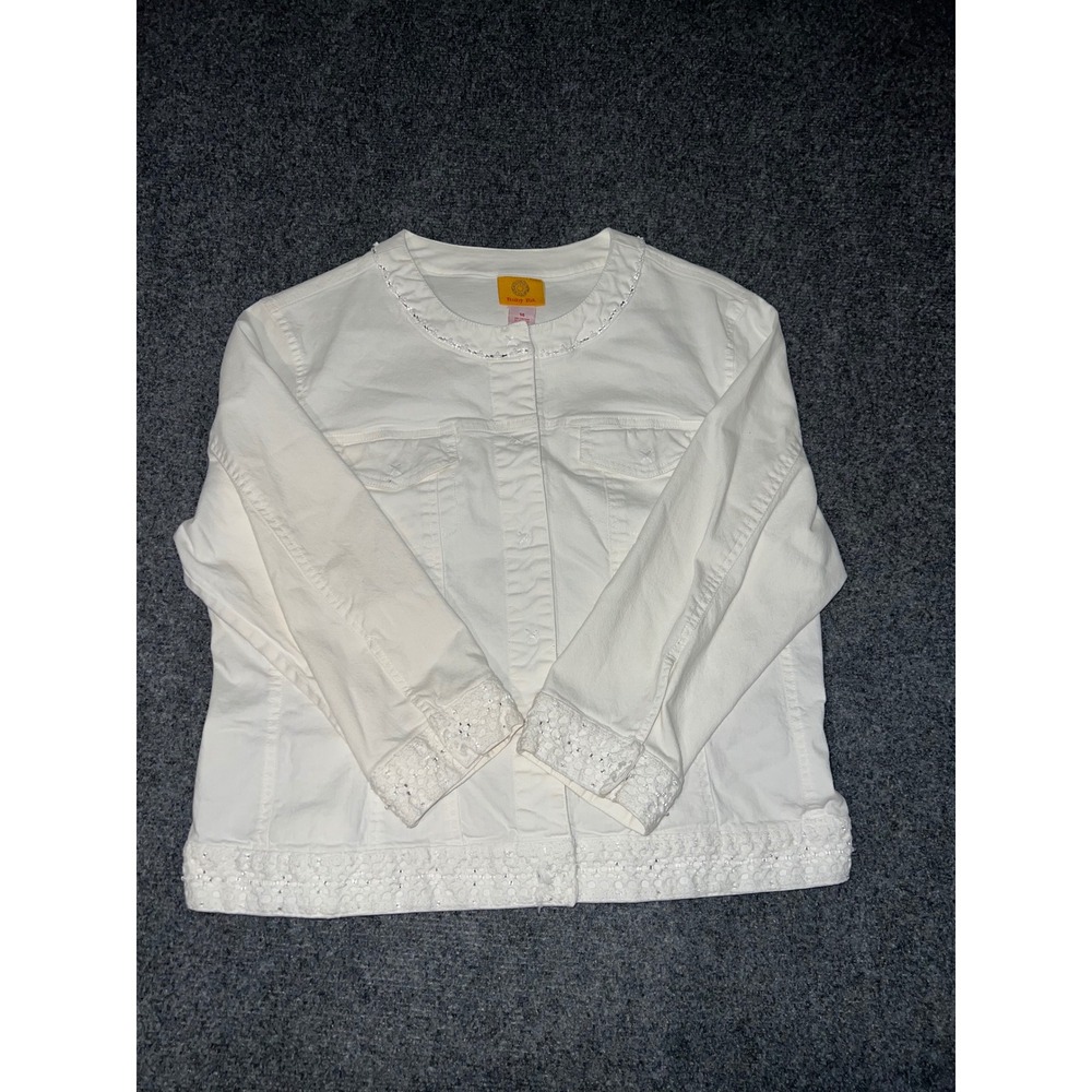 Ruby Rd Womens White Denim Jacket Size 14 Beaded Eyelet Trim Cotton Stretch